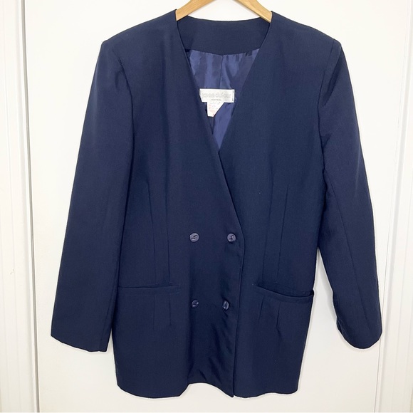 Navy Vintage 80s Ribbed Matching Blazer & Skirt Set - Picture 5 of 13